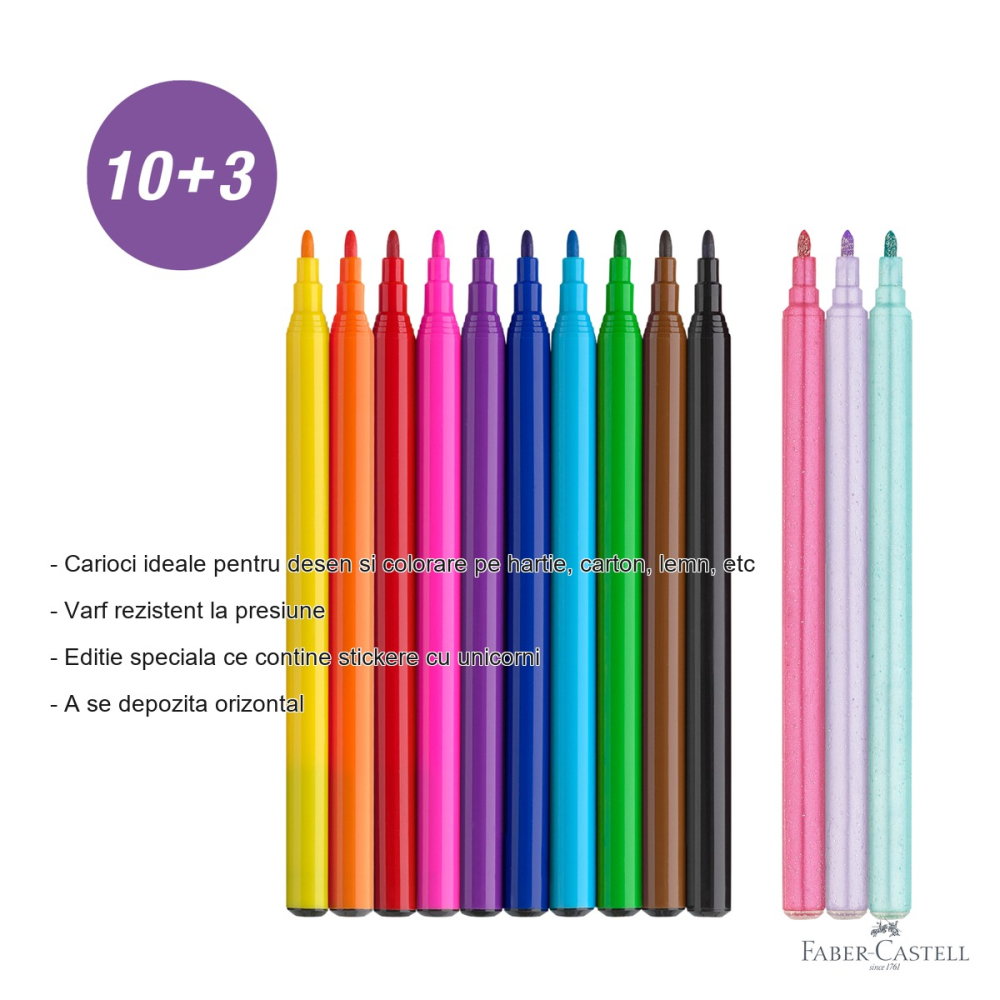 Set 13 carioci Faber-Castell editie unicorni, 10 culori standard si 3 culori pastel, pentru desen si colorare [2]