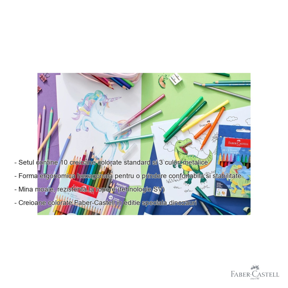 Set 13 creioane colorate Faber-Castell editie dinozauri, mina moale, 10 culori standard + 3 metalice, pentru copii [2]