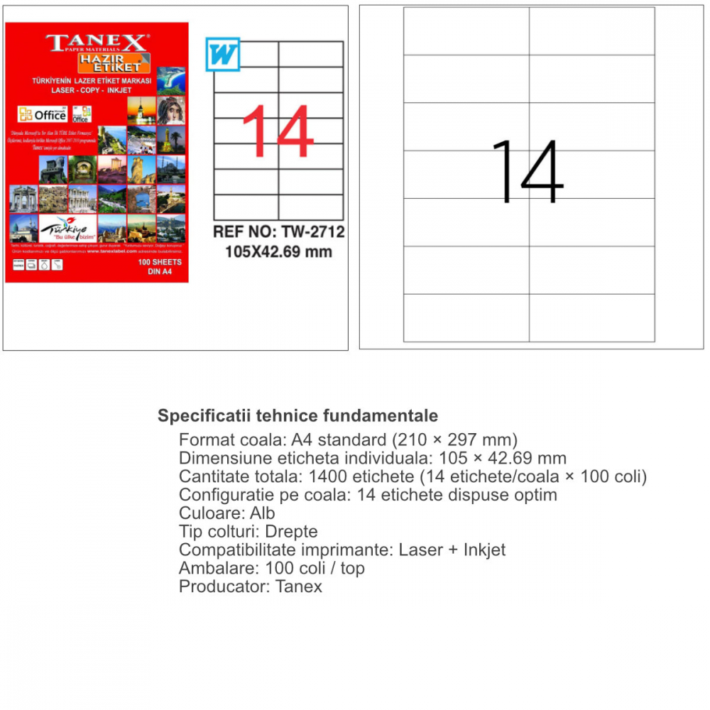 Set 1400 etichete autoadezive A4, 100 coli, 14 etichete/coala, 105x42.69 mm, albe, colturi drepte, pentru imprimante laser si inkjet, Tanex [4]