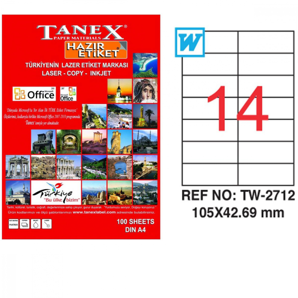 Set 1400 etichete autoadezive A4, 100 coli, 14 etichete/coala, 105x42.69 mm, albe, colturi drepte, pentru imprimante laser si inkjet, Tanex [2]