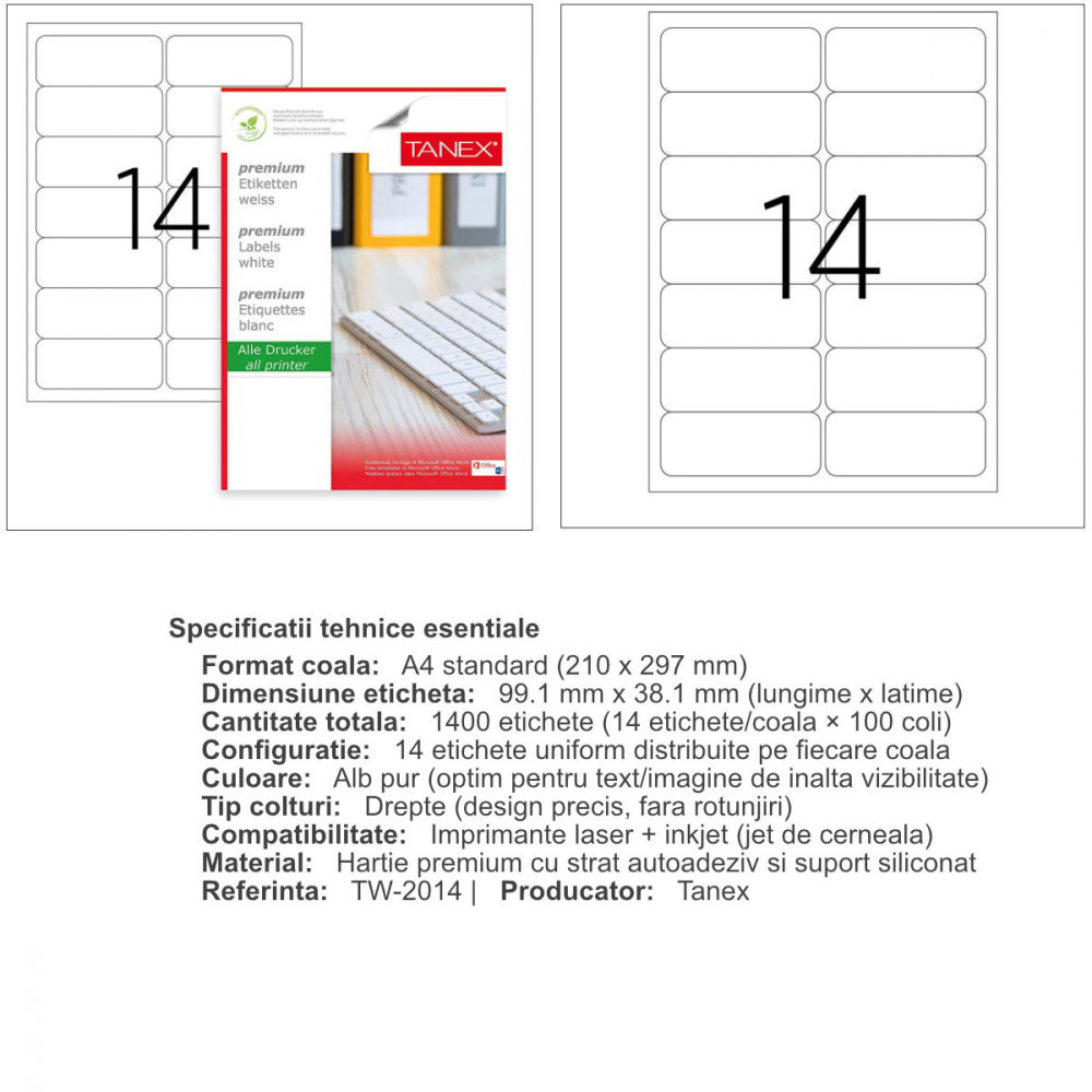 Set 1400 etichete autoadezive A4, 100 coli, 14 etichete/coala, 99.1x38.1 mm, albe, colturi drepte, pentru imprimante laser si inkjet, Tanex TW-2014 [3]