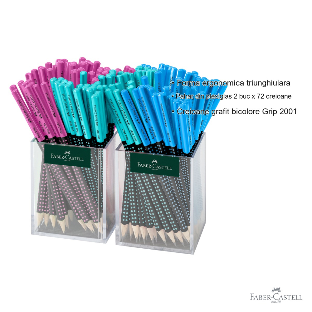 Set 144 creioane grafit Faber-Castell Grip 2001 Two Tone, mina B, forma ergonomica triunghiulara, fara guma, cutie plastic [3]