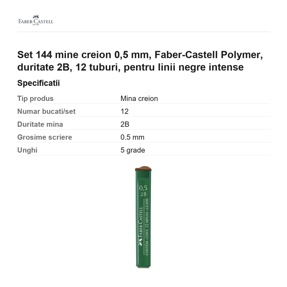 Set 144 mine creion 0,5 mm, Faber-Castell Polymer, duritate 2B, 12 tuburi, pentru linii negre intense [3]