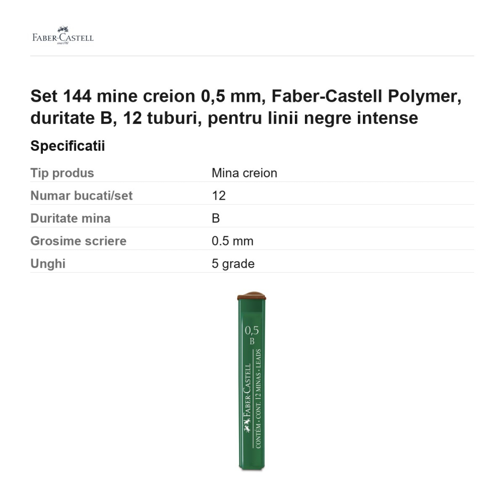 Set 144 mine creion 0,5 mm, Faber-Castell Polymer, duritate B, 12 tuburi, pentru linii negre intense [3]