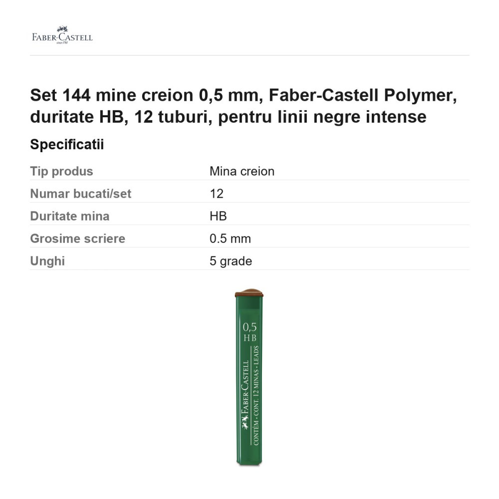 Set 144 mine creion 0,5 mm, Faber-Castell Polymer, duritate HB, 12 tuburi, pentru linii negre intense [3]