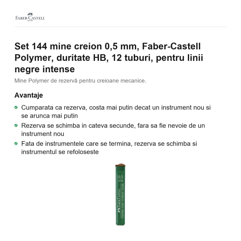 Set 144 mine creion 0,5 mm, Faber-Castell Polymer, duritate HB, 12 tuburi, pentru linii negre intense [2]