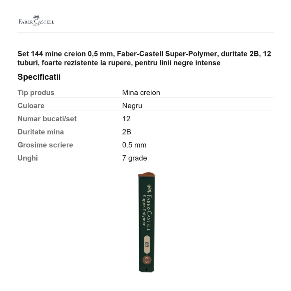 Set 144 mine creion 0,5 mm, Faber-Castell Super-Polymer, duritate 2B, 12 tuburi, foarte rezistente la rupere, pentru linii negre intense [3]