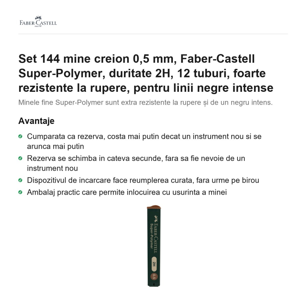 Set 144 mine creion 0,5 mm, Faber-Castell Super-Polymer, duritate 2H, 12 tuburi, foarte rezistente la rupere, pentru linii negre intense [2]