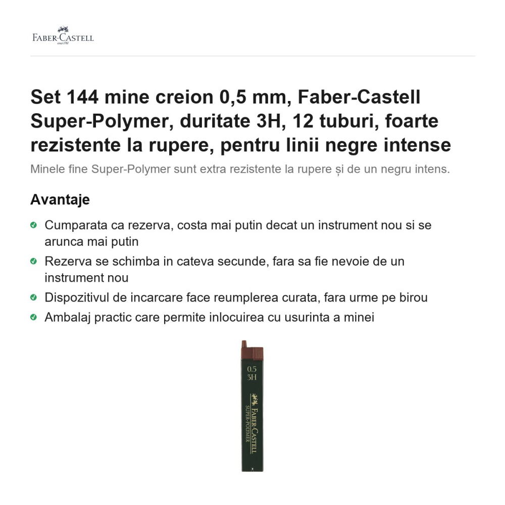 Set 144 mine creion 0,5 mm, Faber-Castell Super-Polymer, duritate 3H, 12 tuburi, foarte rezistente la rupere, pentru linii negre intense [2]