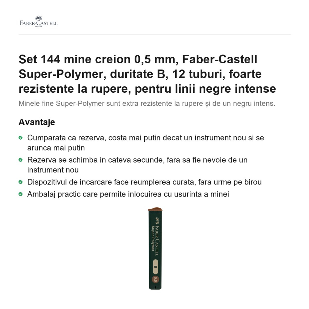 Set 144 mine creion 0,5 mm, Faber-Castell Super-Polymer, duritate B, 12 tuburi, foarte rezistente la rupere, pentru linii negre intense [2]