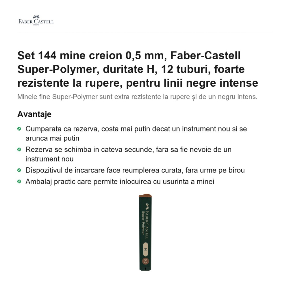 Set 144 mine creion 0,5 mm, Faber-Castell Super-Polymer, duritate H, 12 tuburi, foarte rezistente la rupere, pentru linii negre intense [2]