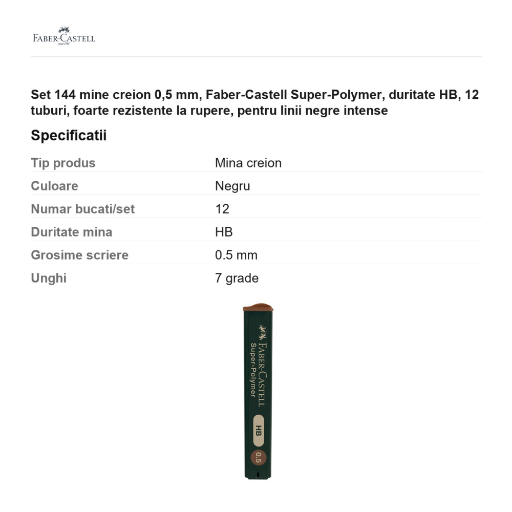 Set 144 mine creion 0,5 mm, Faber-Castell Super-Polymer, duritate HB, 12 tuburi, foarte rezistente la rupere, pentru linii negre intense [3]