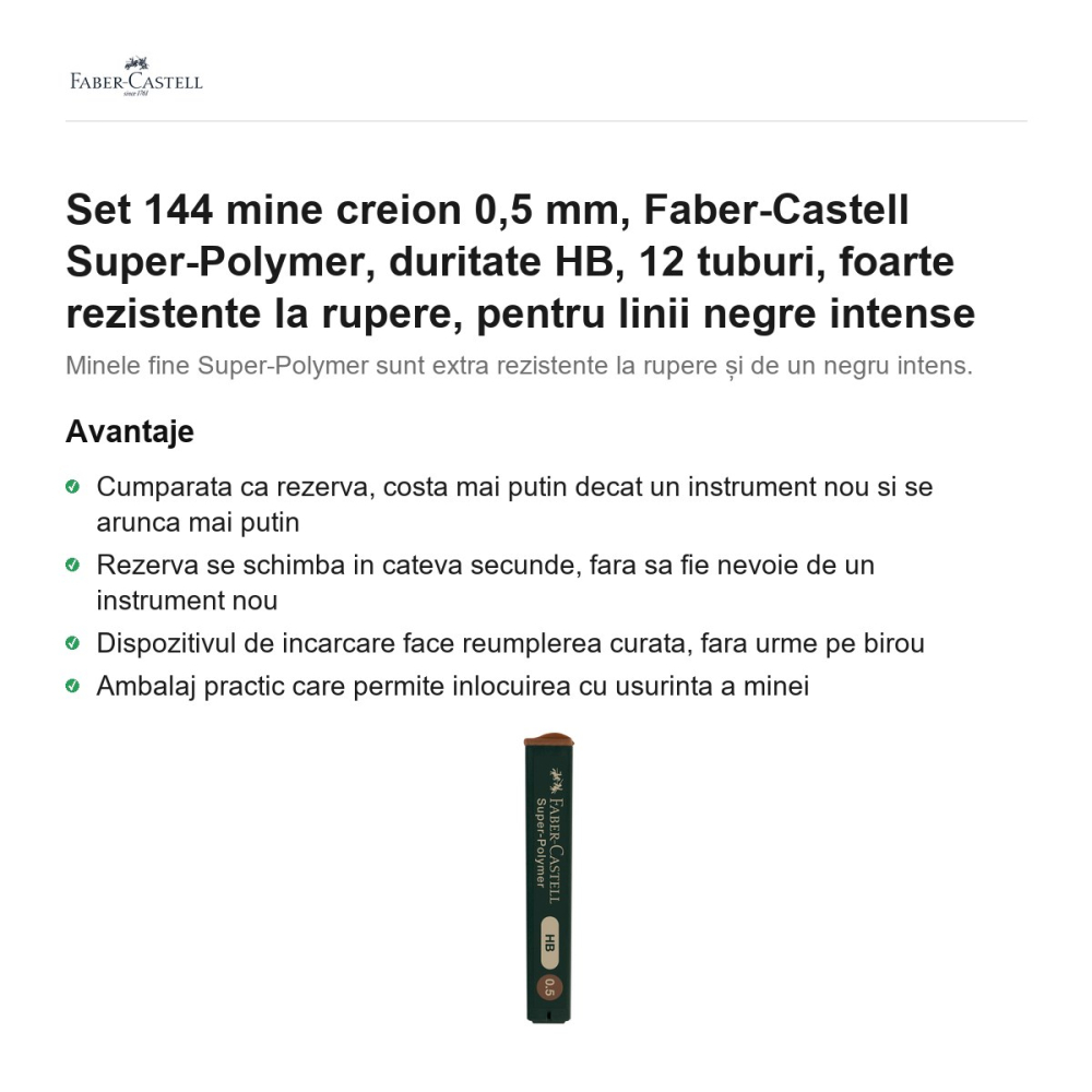 Set 144 mine creion 0,5 mm, Faber-Castell Super-Polymer, duritate HB, 12 tuburi, foarte rezistente la rupere, pentru linii negre intense [2]