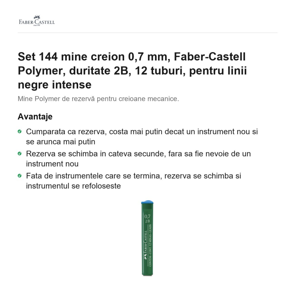 Set 144 mine creion 0,7 mm, Faber-Castell Polymer, duritate 2B, 12 tuburi, pentru linii negre intense [2]