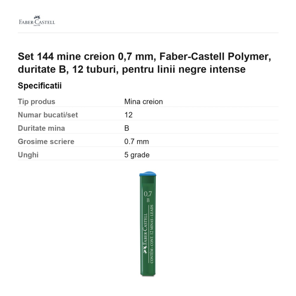 Set 144 mine creion 0,7 mm, Faber-Castell Polymer, duritate B, 12 tuburi, pentru linii negre intense [3]