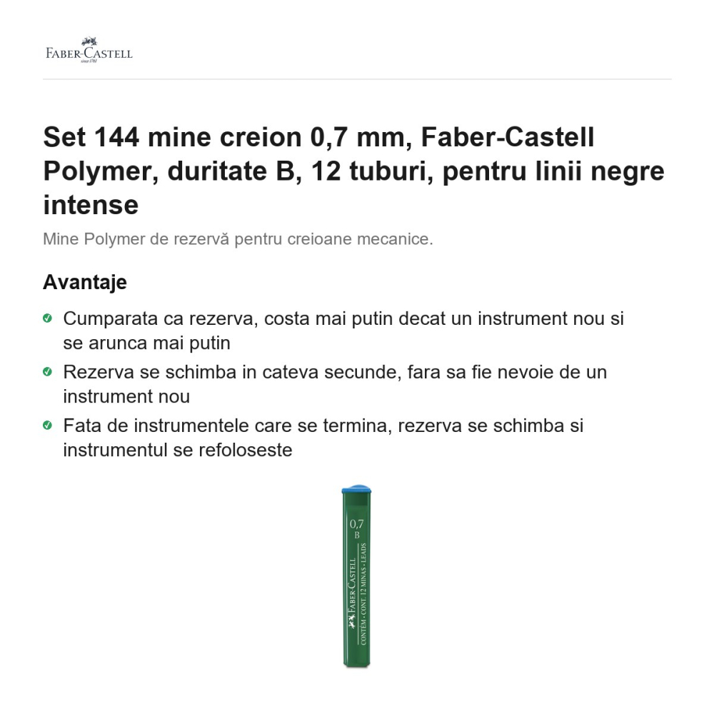 Set 144 mine creion 0,7 mm, Faber-Castell Polymer, duritate B, 12 tuburi, pentru linii negre intense [2]