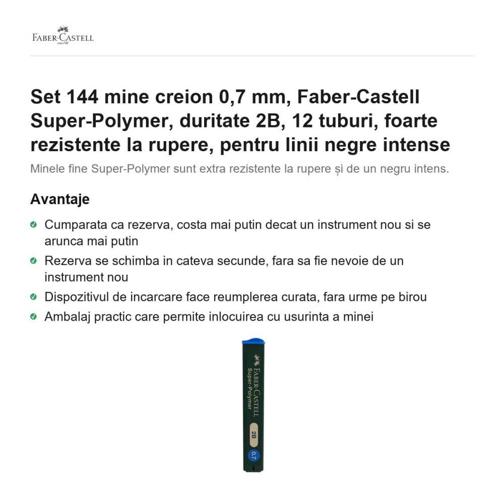 Set 144 mine creion 0,7 mm, Faber-Castell Super-Polymer, duritate 2B, 12 tuburi, foarte rezistente la rupere, pentru linii negre intense [2]