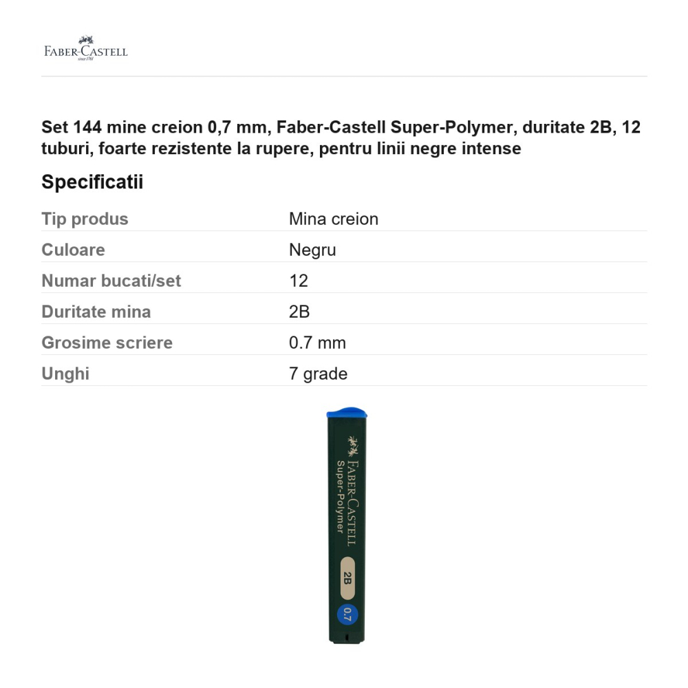 Set 144 mine creion 0,7 mm, Faber-Castell Super-Polymer, duritate 2B, 12 tuburi, foarte rezistente la rupere, pentru linii negre intense [3]