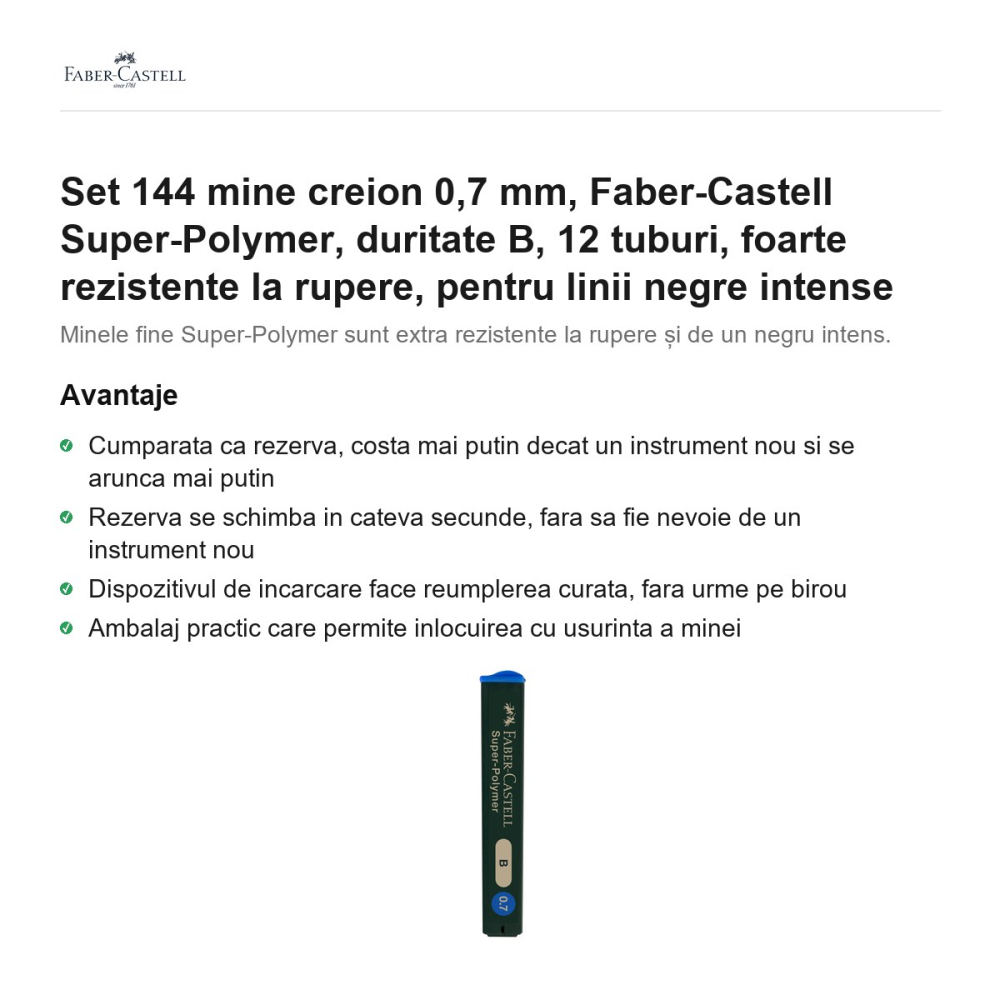 Set 144 mine creion 0,7 mm, Faber-Castell Super-Polymer, duritate B, 12 tuburi, foarte rezistente la rupere, pentru linii negre intense [2]