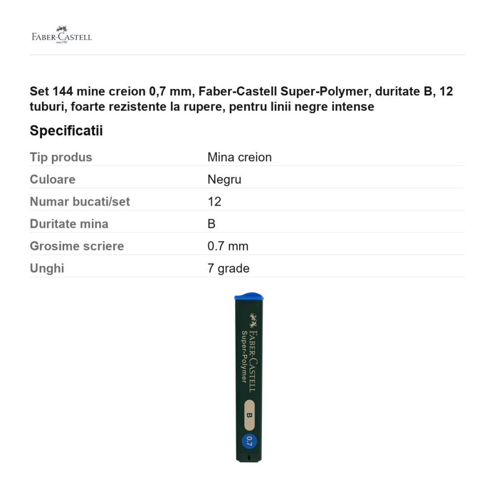 Set 144 mine creion 0,7 mm, Faber-Castell Super-Polymer, duritate B, 12 tuburi, foarte rezistente la rupere, pentru linii negre intense [3]