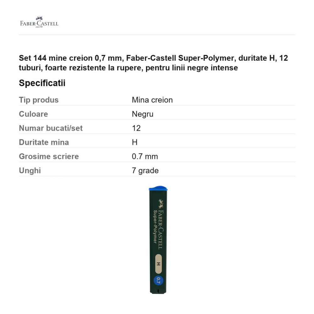 Set 144 mine creion 0,7 mm, Faber-Castell Super-Polymer, duritate H, 12 tuburi, foarte rezistente la rupere, pentru linii negre intense [3]