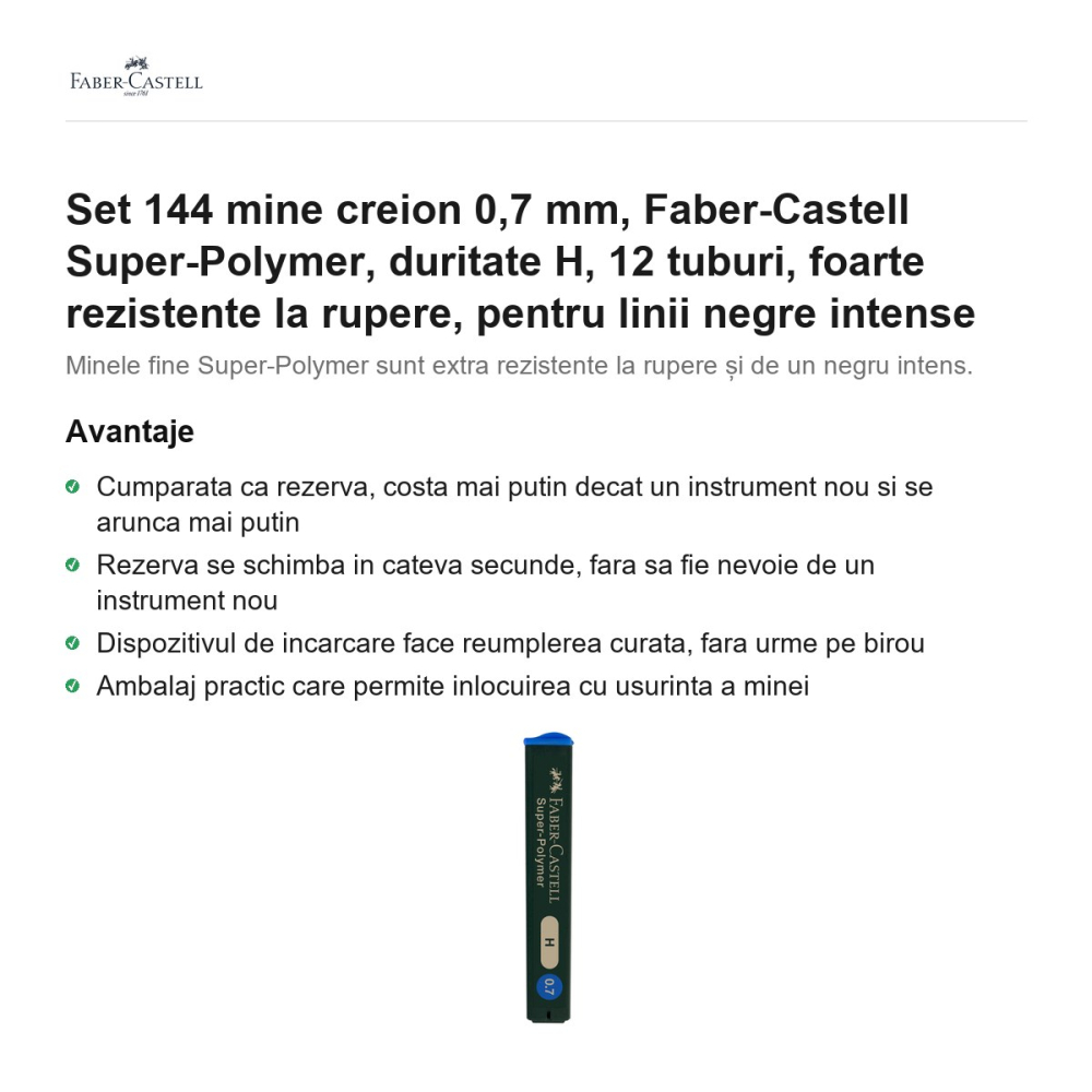 Set 144 mine creion 0,7 mm, Faber-Castell Super-Polymer, duritate H, 12 tuburi, foarte rezistente la rupere, pentru linii negre intense [2]