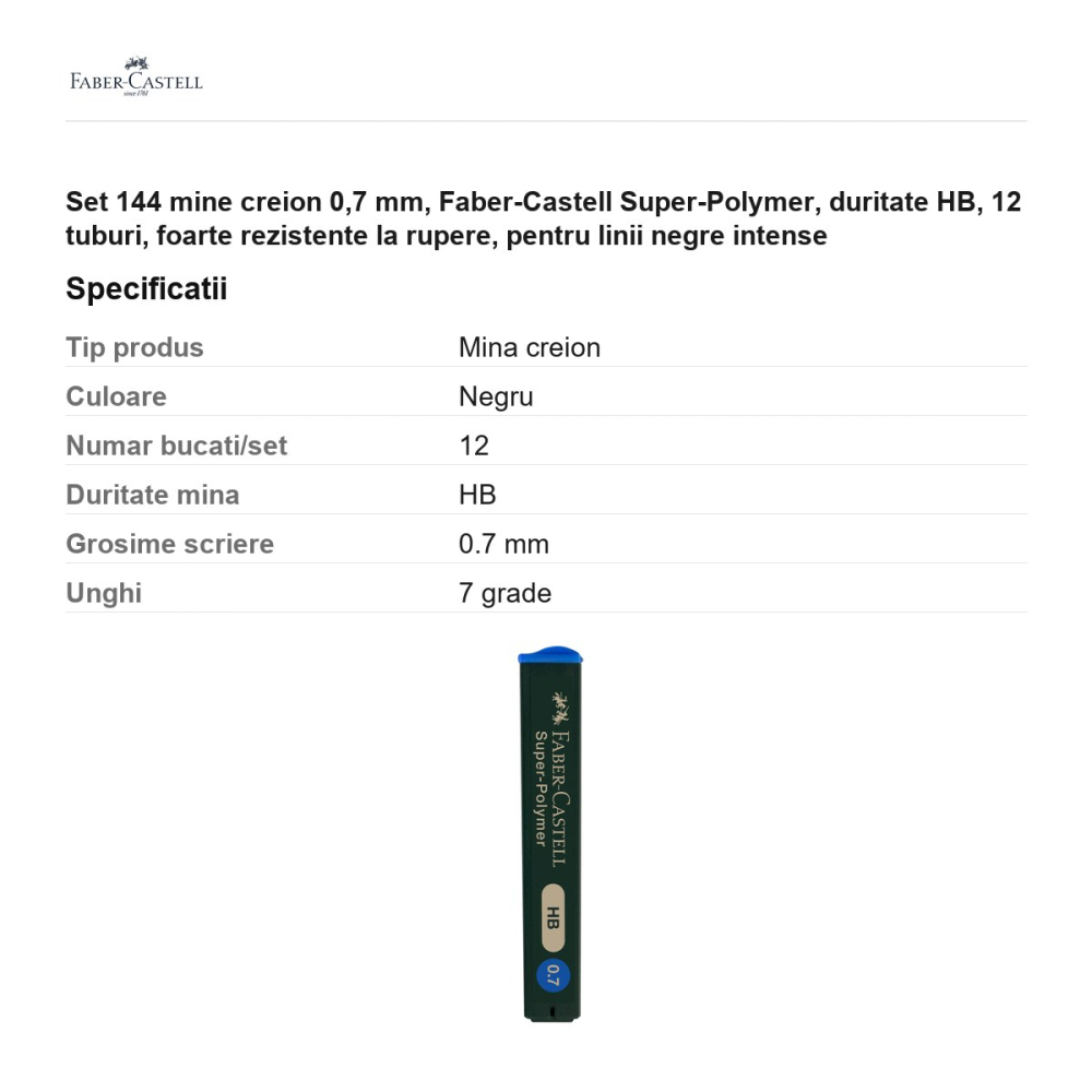 Set 144 mine creion 0,7 mm, Faber-Castell Super-Polymer, duritate HB, 12 tuburi, foarte rezistente la rupere, pentru linii negre intense [3]