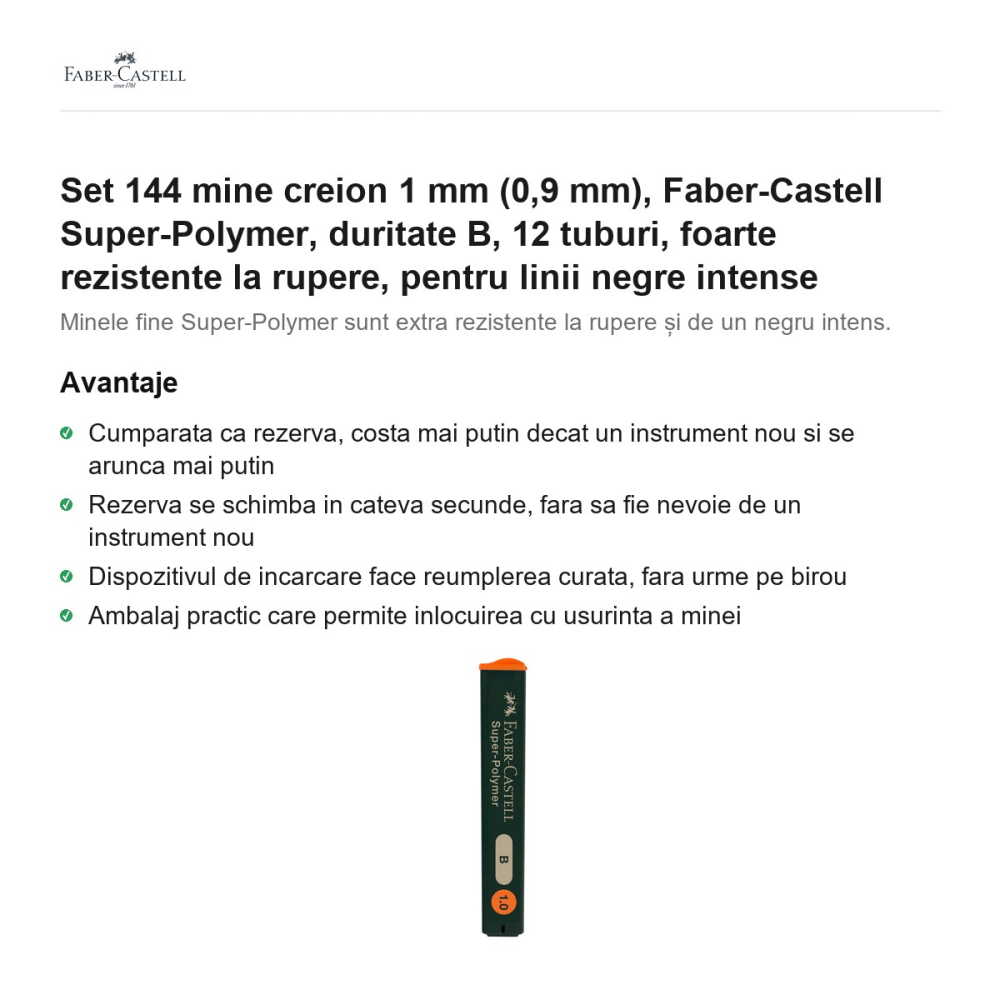 Set 144 mine creion 1 mm (0,9 mm), Faber-Castell Super-Polymer, duritate B, 12 tuburi, foarte rezistente la rupere, pentru linii negre intense [2]