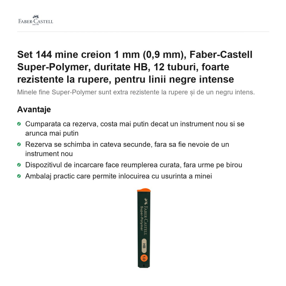 Set 144 mine creion 1 mm (0,9 mm), Faber-Castell Super-Polymer, duritate HB, 12 tuburi, foarte rezistente la rupere, pentru linii negre intense [2]