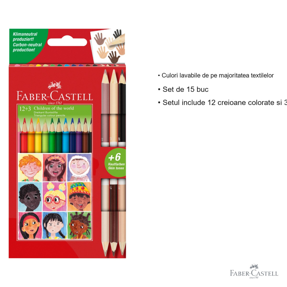 Set 15 creioane colorate Faber-Castell Children of the World, triunghiulare ergonomice cu tonuri de piele, pentru copii [3]