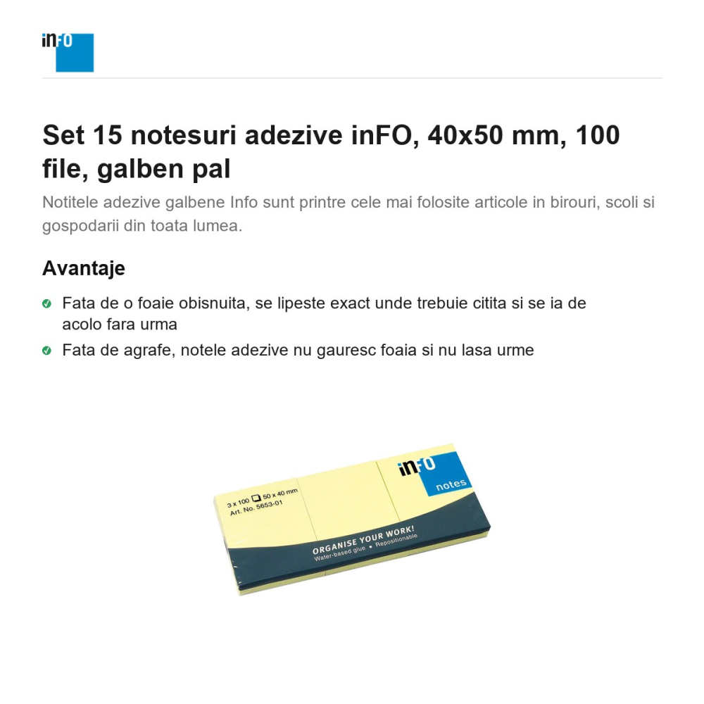 Set 15 notesuri adezive inFO, 40x50 mm, 100 file, galben pal [2]