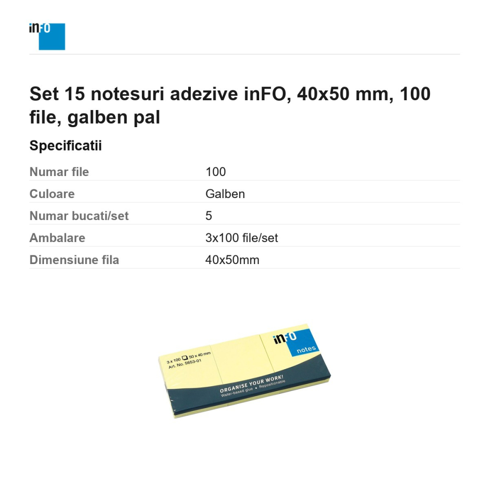 Set 15 notesuri adezive inFO, 40x50 mm, 100 file, galben pal [3]