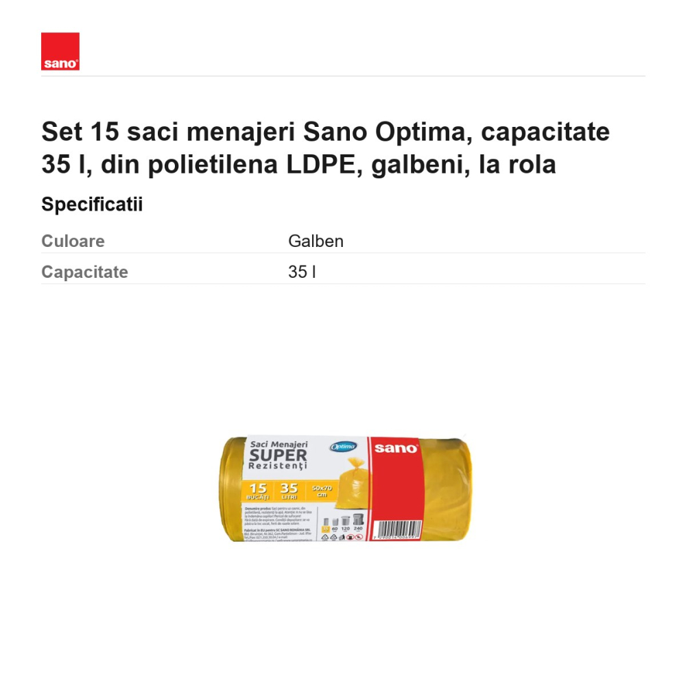 Set 15 saci menajeri Sano Optima, capacitate 35 l, din polietilena LDPE, galbeni, la rola [3]
