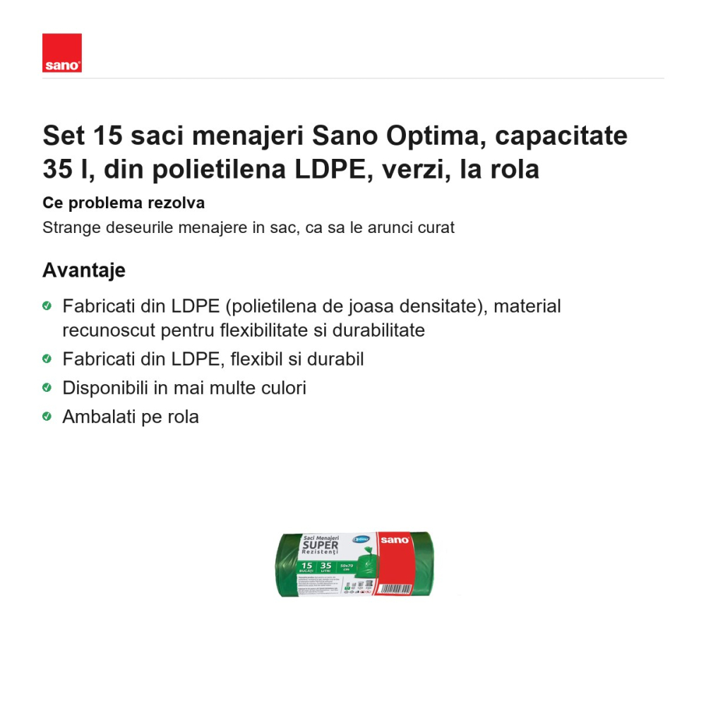 Set 15 saci menajeri Sano Optima, capacitate 35 l, din polietilena LDPE, verzi, la rola [2]