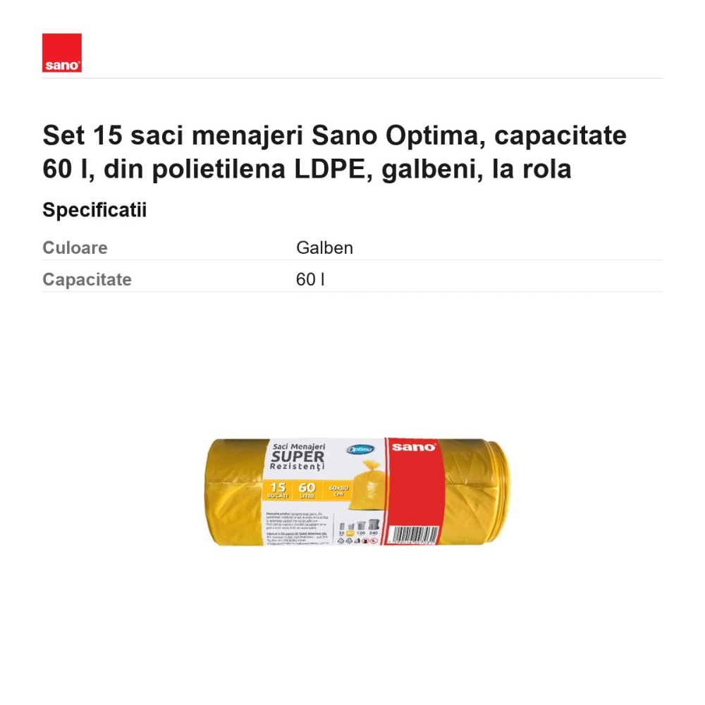 Set 15 saci menajeri Sano Optima, capacitate 60 l, din polietilena LDPE, galbeni, la rola [3]