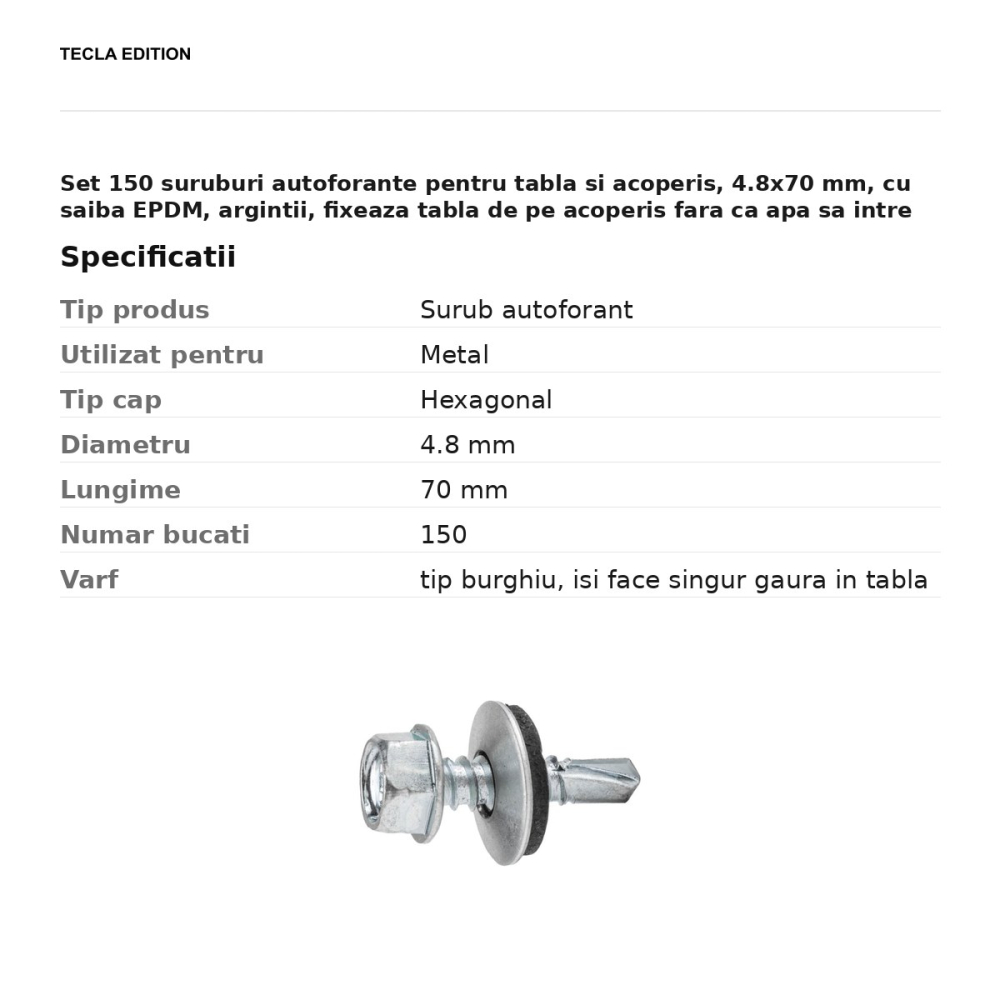 Set 150 suruburi autoforante pentru tabla si acoperis, 4.8x70 mm, cu saiba EPDM, argintii, fixeaza tabla de pe acoperis fara ca apa sa intre pe la surub [3]