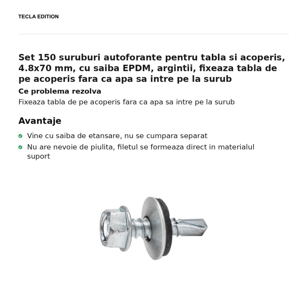 Set 150 suruburi autoforante pentru tabla si acoperis, 4.8x70 mm, cu saiba EPDM, argintii, fixeaza tabla de pe acoperis fara ca apa sa intre pe la surub [2]