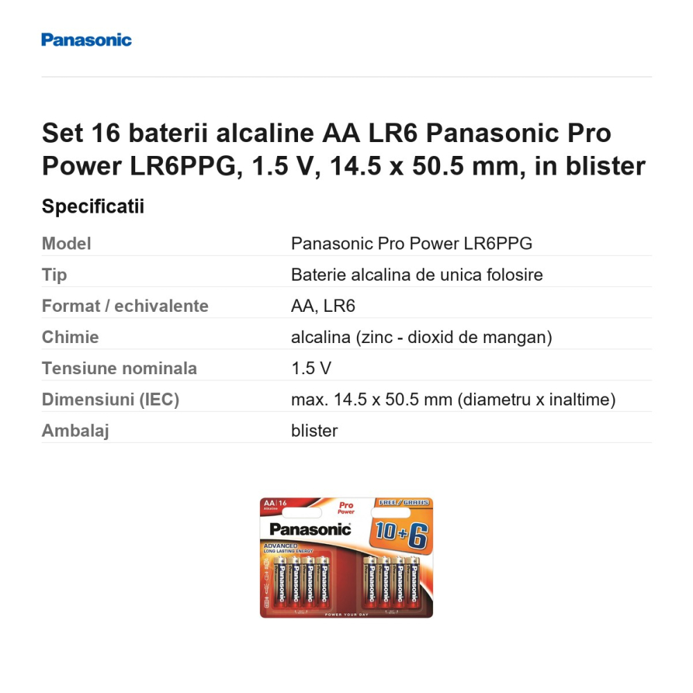 Set 16 baterii alcaline AA LR6 Panasonic Pro Power LR6PPG, 1.5 V, 14.5 x 50.5 mm, in blister [3]