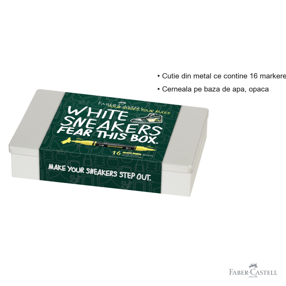 Set 16 markere acrilice Faber-Castell Multimark, varf dublu, cutie metal, pentru diverse suprafete [3]