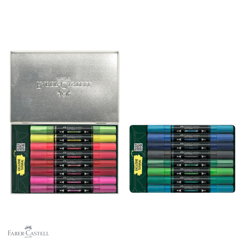 Set 16 markere acrilice Faber-Castell Multimark, varf dublu, cutie metal, pentru diverse suprafete [4]