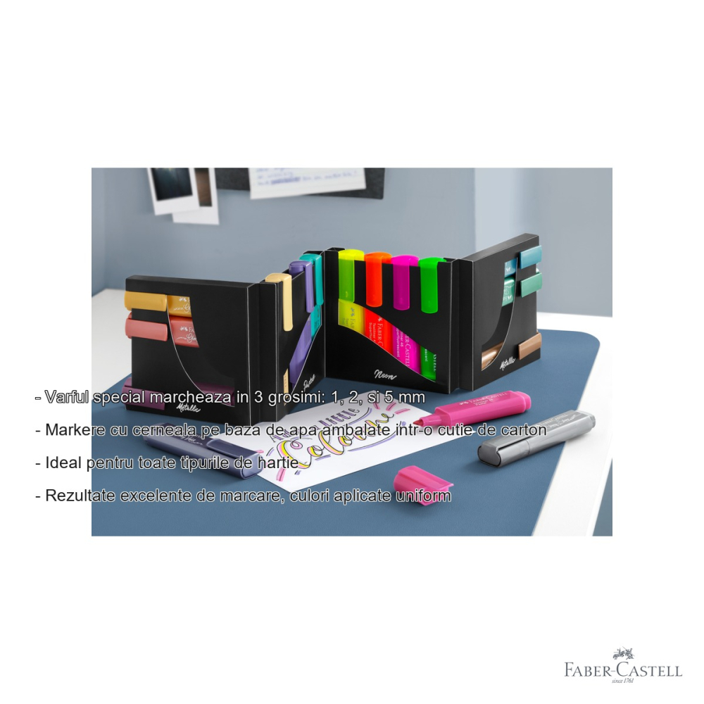 Set 16 textmarkere Faber-Castell 46, varf 3 grosimi, culori metalice pastel si neon [2]