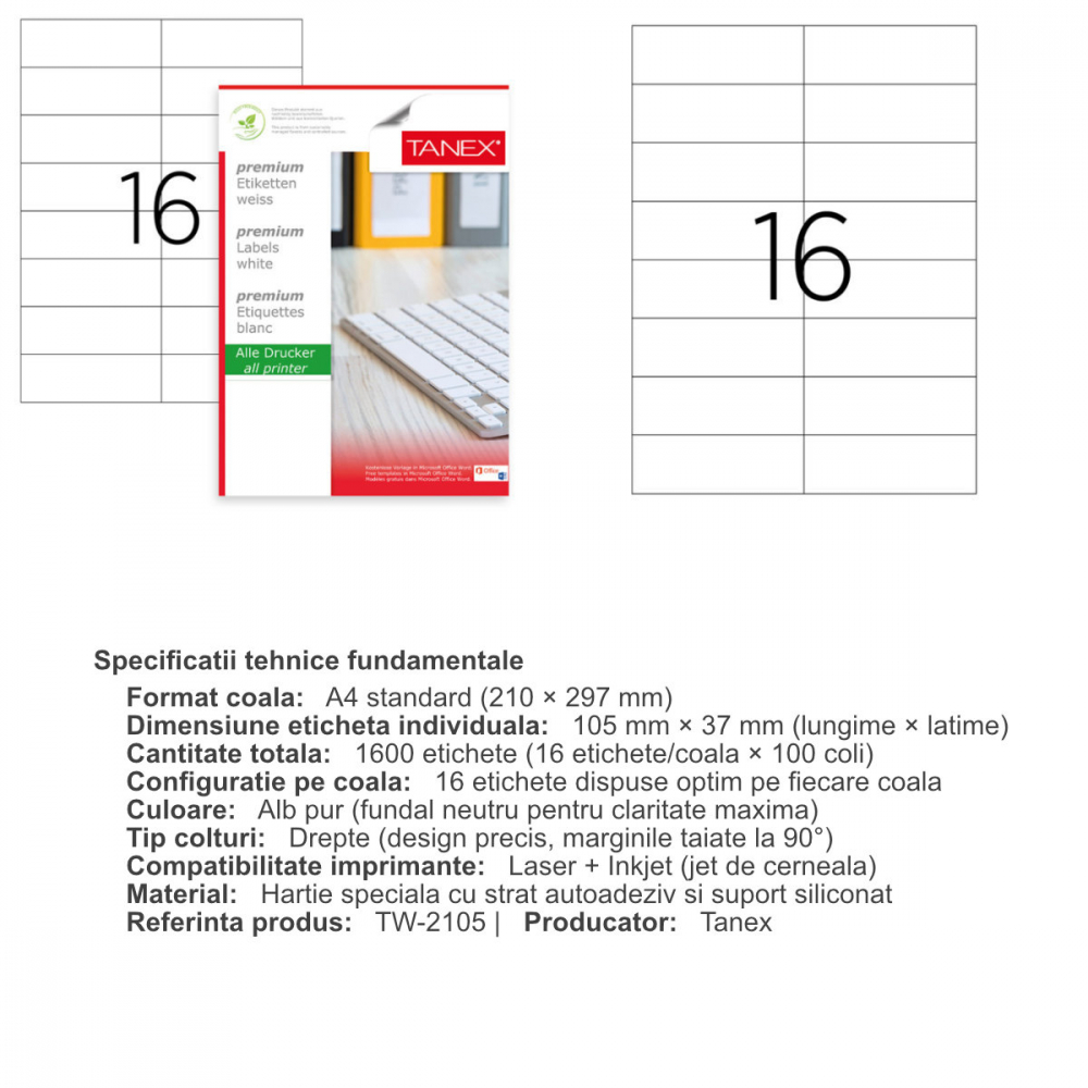 Set 1600 etichete autoadezive A4, 100 coli, 16 etichete/coala, 105x37 mm, albe, colturi drepte, pentru imprimante laser si inkjet, Tanex TW-2105 [3]