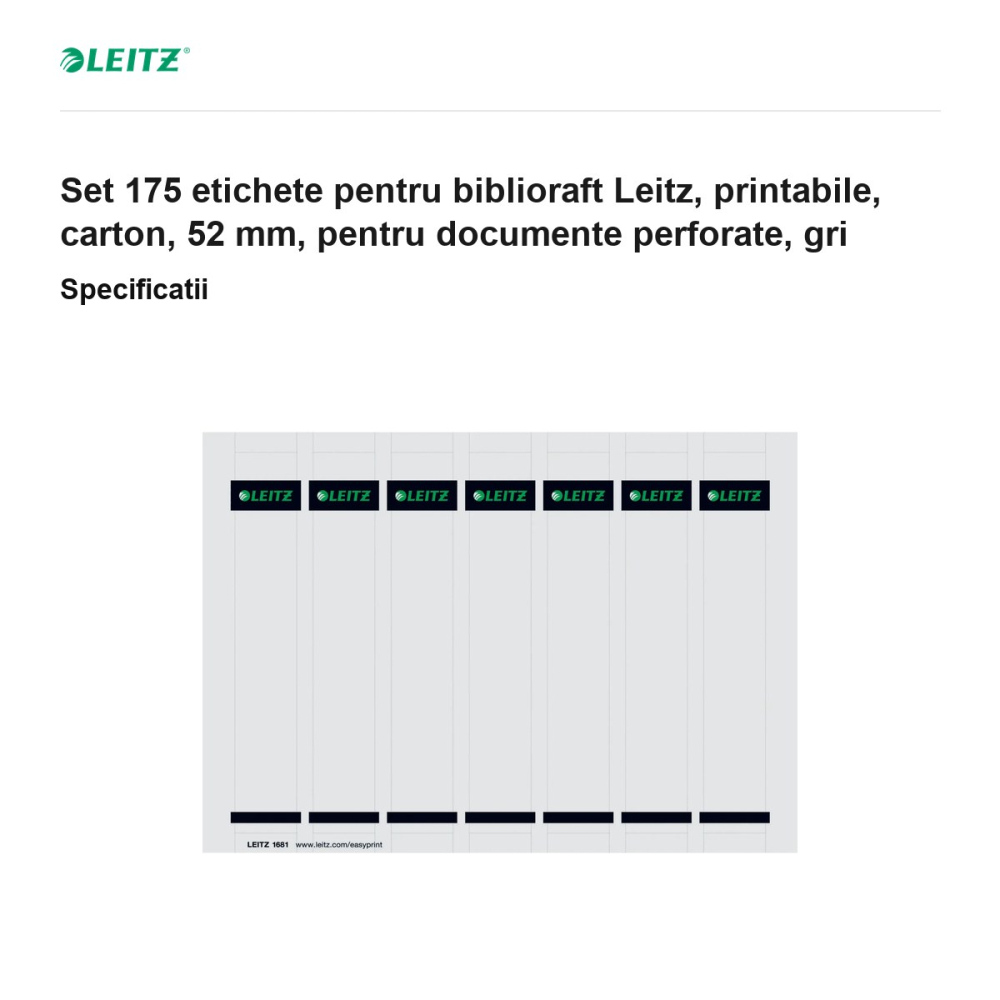 Set 175 etichete pentru biblioraft Leitz, printabile, carton, 52 mm, pentru documente perforate, gri [3]