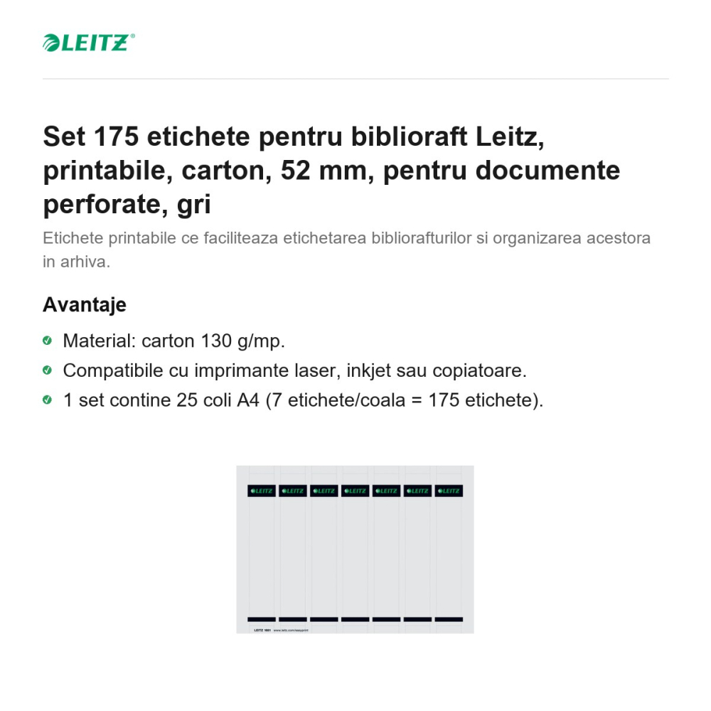 Set 175 etichete pentru biblioraft Leitz, printabile, carton, 52 mm, pentru documente perforate, gri [2]