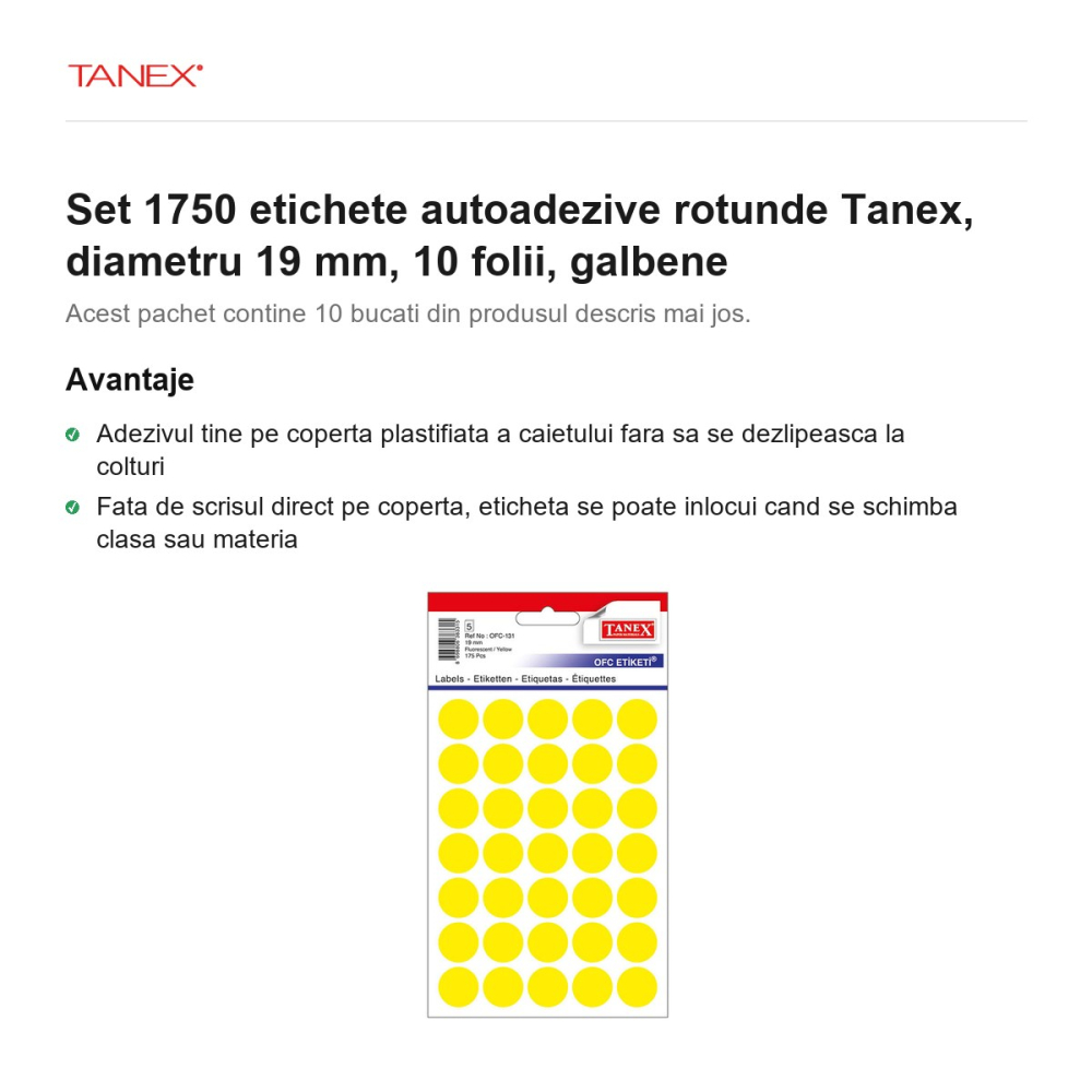 Set 1750 etichete autoadezive rotunde Tanex, diametru 19 mm, 10 seturi, galbene [2]