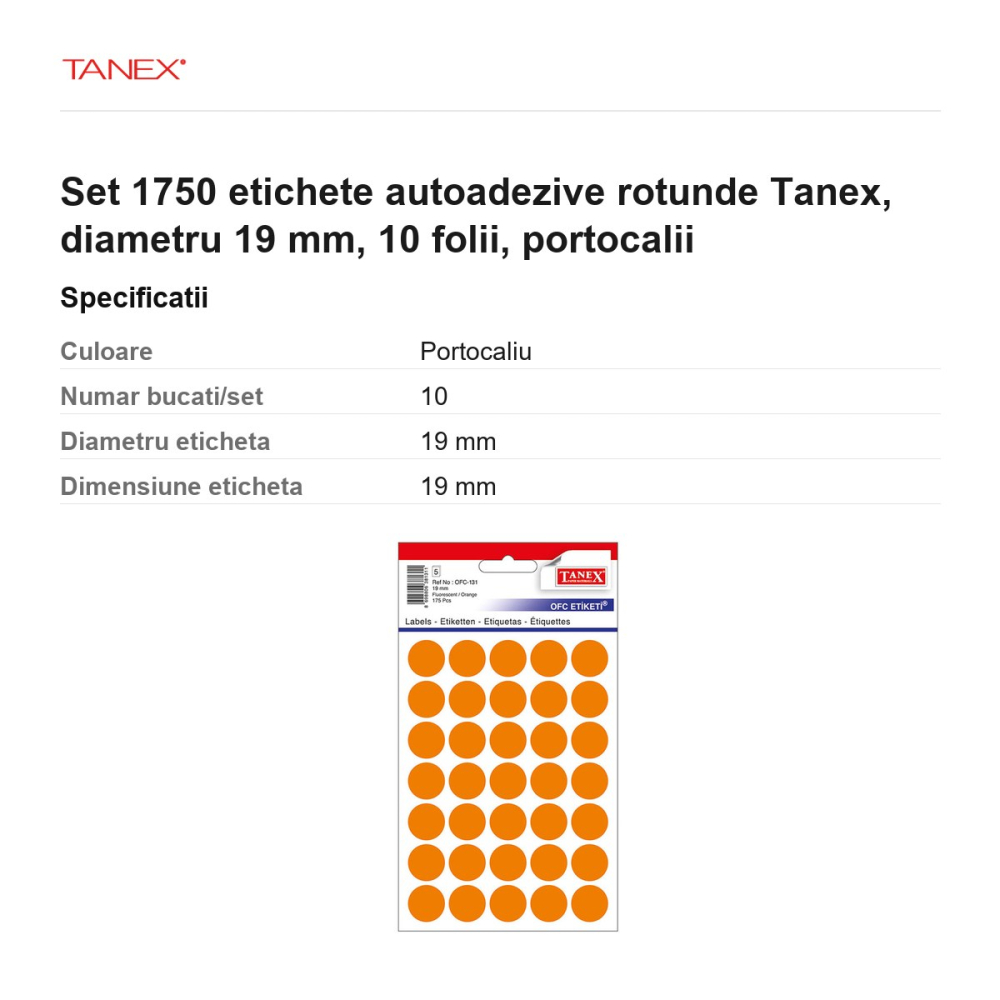Set 1750 etichete autoadezive rotunde Tanex, diametru 19 mm, 10 seturi, portocalii [3]