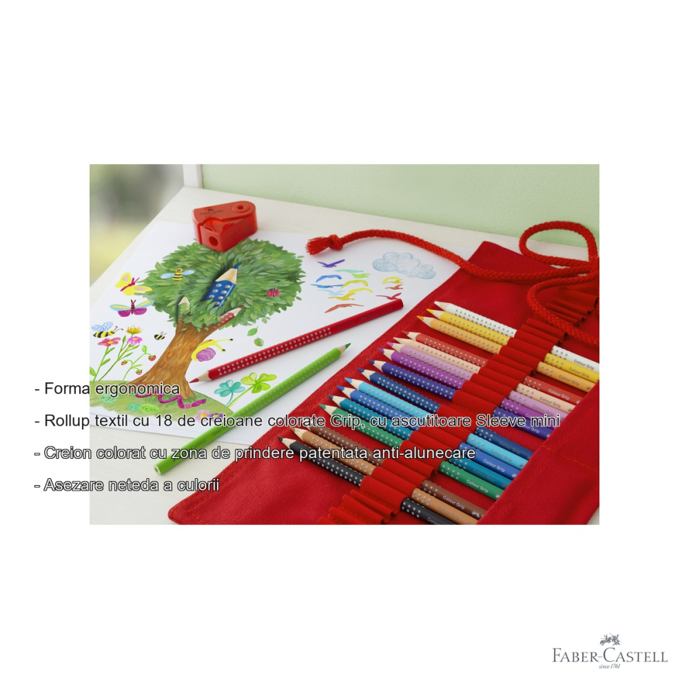 Set 18 creioane colorate Faber-Castell Grip, rollup textil cu ascutitoare, forma ergonomica, pentru copii si adulti [2]