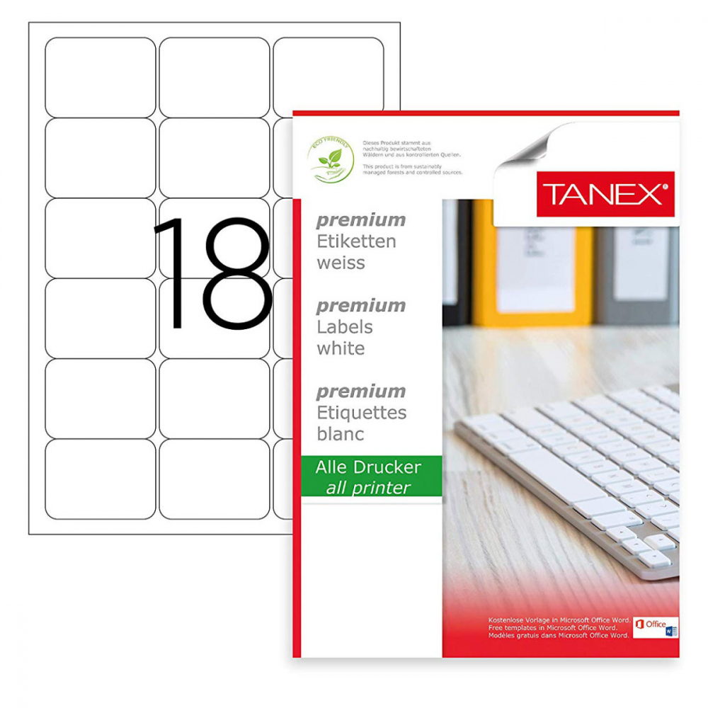 Set 1800 etichete autoadezive,100 coli A4, 18 etichete/coala, 63.5x46.6 mm, albe, colturi rotunde, pentru imprimante laser si inkjet, Tanex TW-2018 [1]