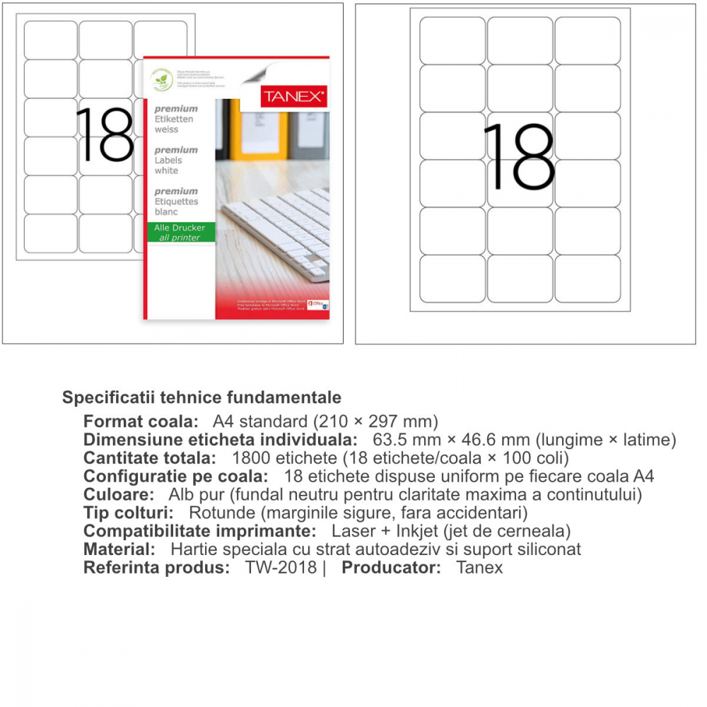 Set 1800 etichete autoadezive,100 coli A4, 18 etichete/coala, 63.5x46.6 mm, albe, colturi rotunde, pentru imprimante laser si inkjet, Tanex TW-2018 [3]
