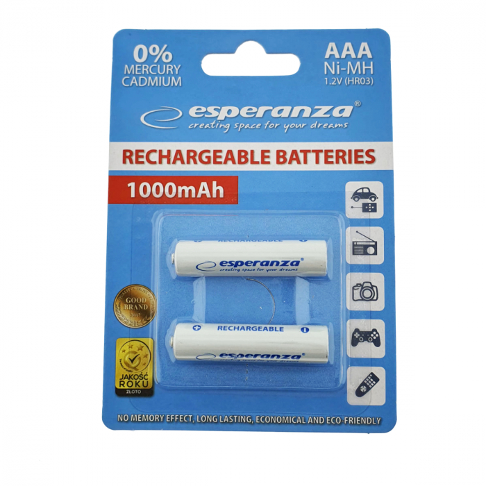 Set 2 acumulatori AAA (R3) Esperanza 92250, 1000mAh, Ni-MH, 1.2V, reincarcabili, albi [2]